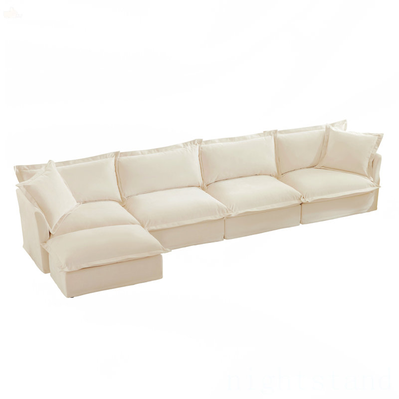 Slipcovered L Shape Sectional Long Sofa Couch, Cream