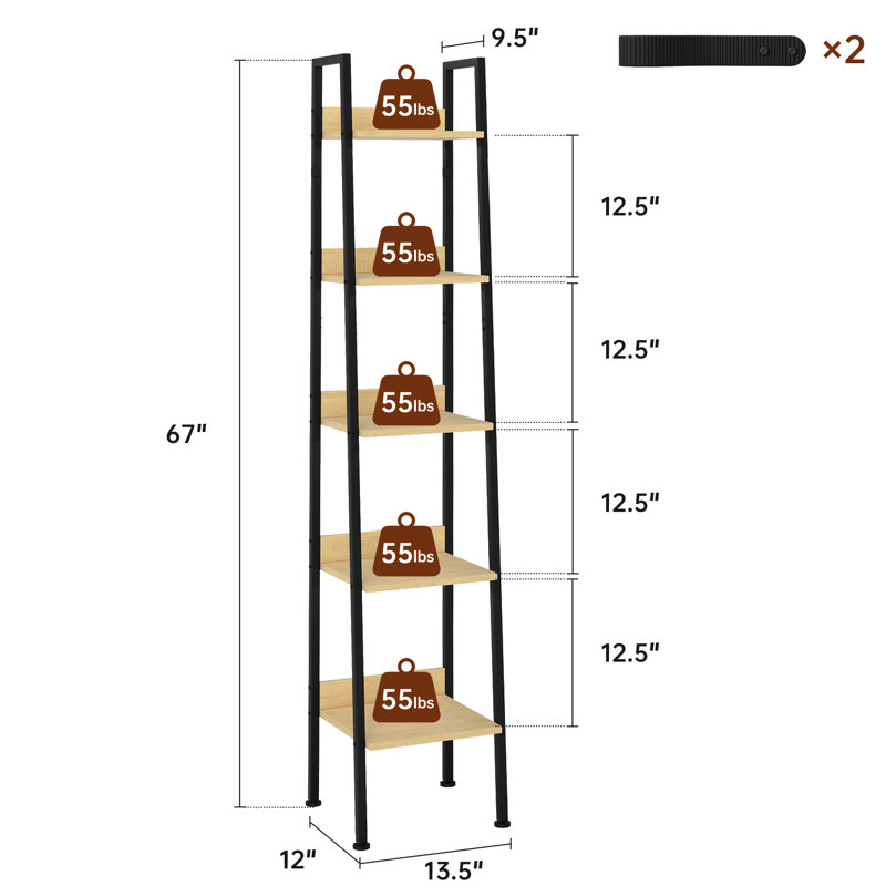 Ladder Bookcase, 5 Tier 13.5" Wide Steel Frame Storage Shelf, Anti-Tip, Natural Oak