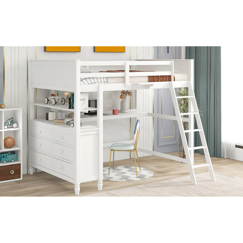 Lit mezzanine en bois massif avec bureau - idéal pour les petites chambres, blanc sécuritaire et facile à monter, Blanc