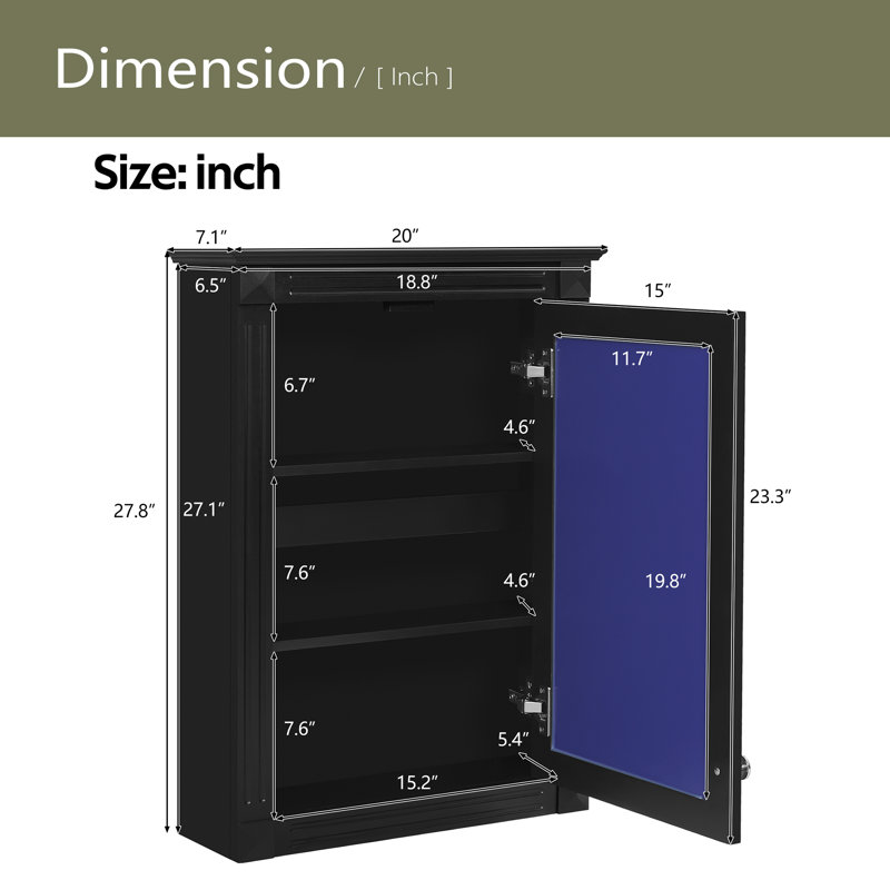 Armoire de rangement de salle de bain murale 20 "avec miroir, armoire à pharmacie avec tablette réglable en hauteur, Noir