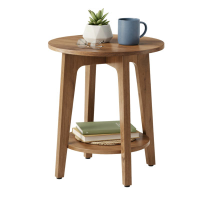 Round Side Table With Lower Shelf, End Table For Small Spaces, Nightstand For Living Room, Bedroom, Rustic Walnut