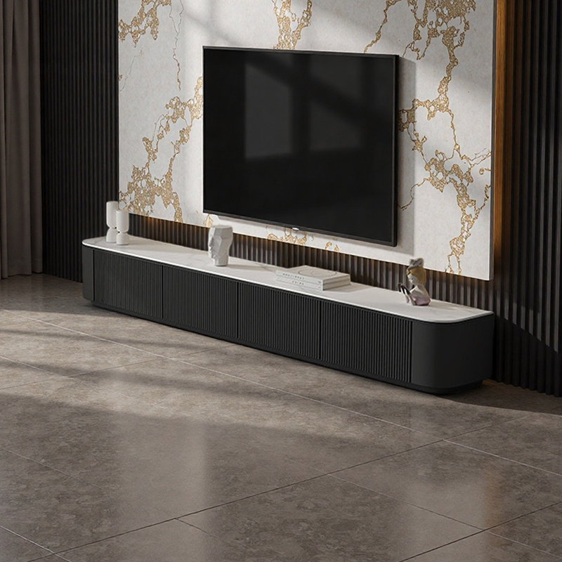 Meuble télé simple et moderne avec rangement multifonctionnel, Blanc/Noir, H 15,74 po x L 86,61 po x l 16,53 po