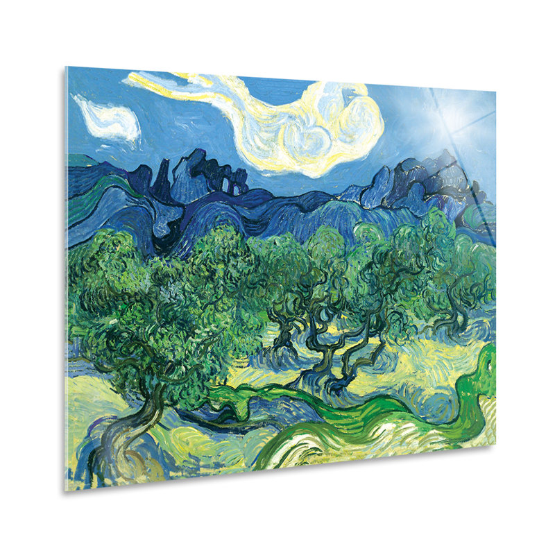Olive Trees in a Mountain Landscape by Vincent Van Gogh - Unframed Painting on Glass, 65cm H x 95cm W
