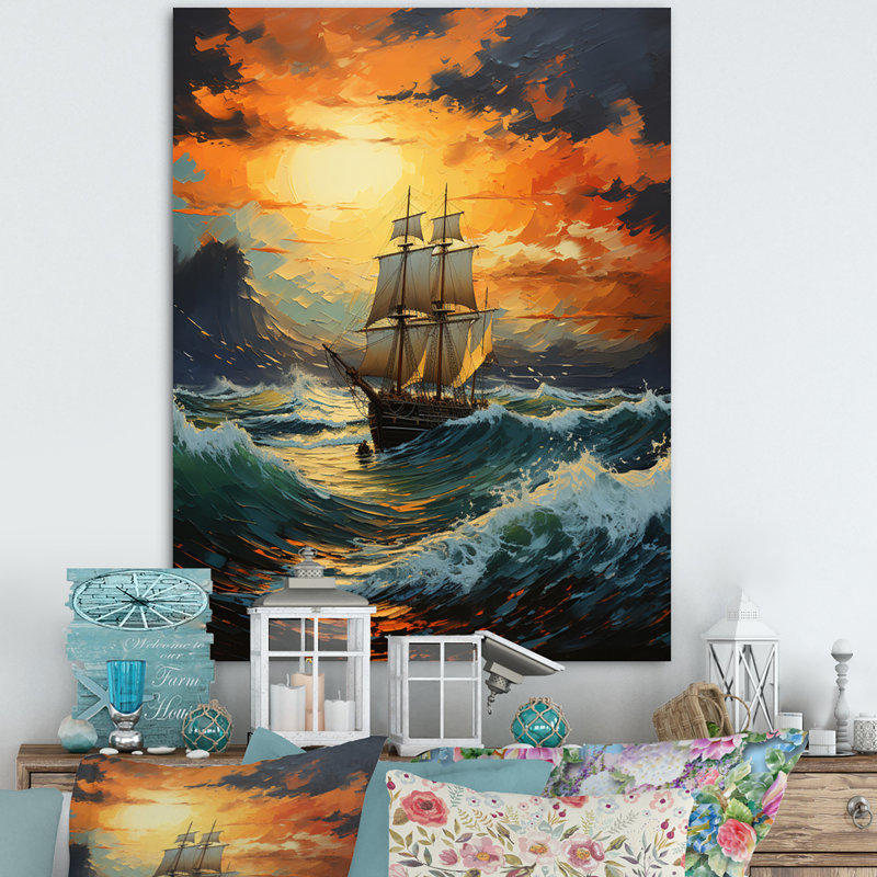 Tempête énergétique bateau orange sarcelle II - impression, H 32 po x l 16 po x P 1 po, Toile tendue