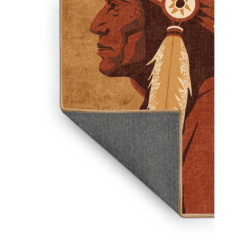 Soft Plush Barreto Feathered War Chief Classic Block Print Area Rug in Brown – LightBrown Binding, 5x7