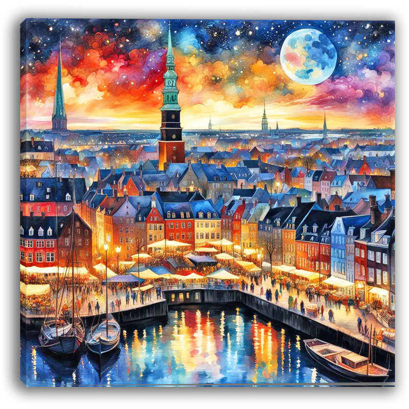 «Starlit Nyhavn Nightscape», art mural sur toile, H 20 po x l 20 po x P 1,5 po