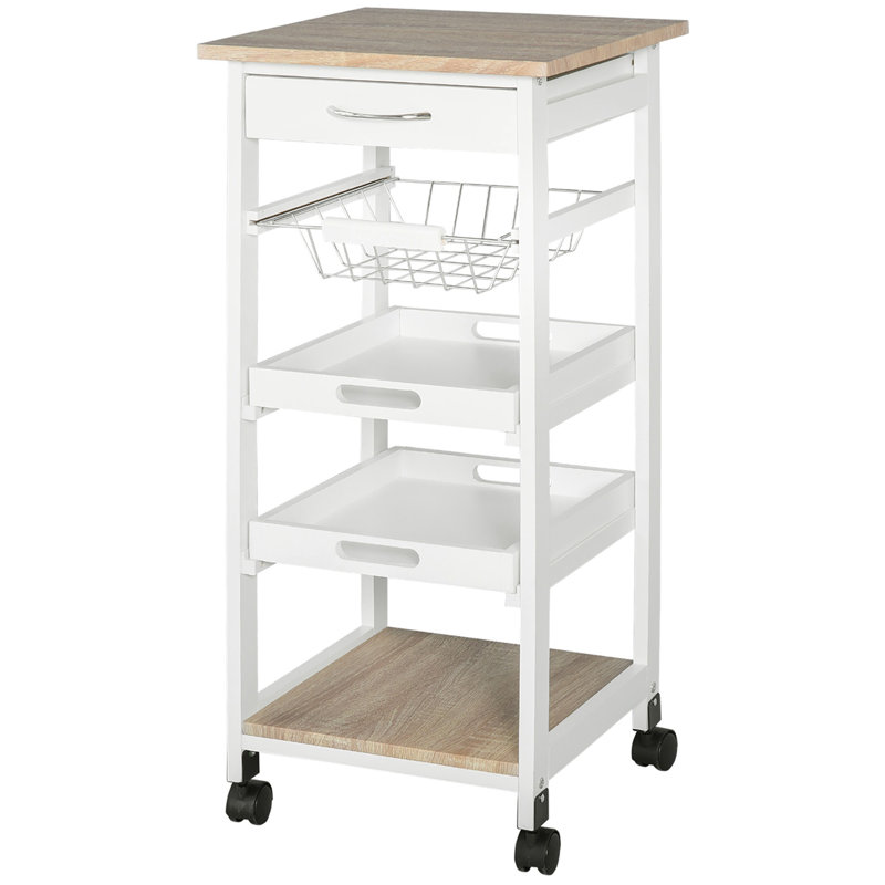 Mobile Kitchen Cart, Rolling Kitchen Island With Storage, Solid Wood Frame Utility Cart With Wire Fruit Baskets, Trays And Drawer, White