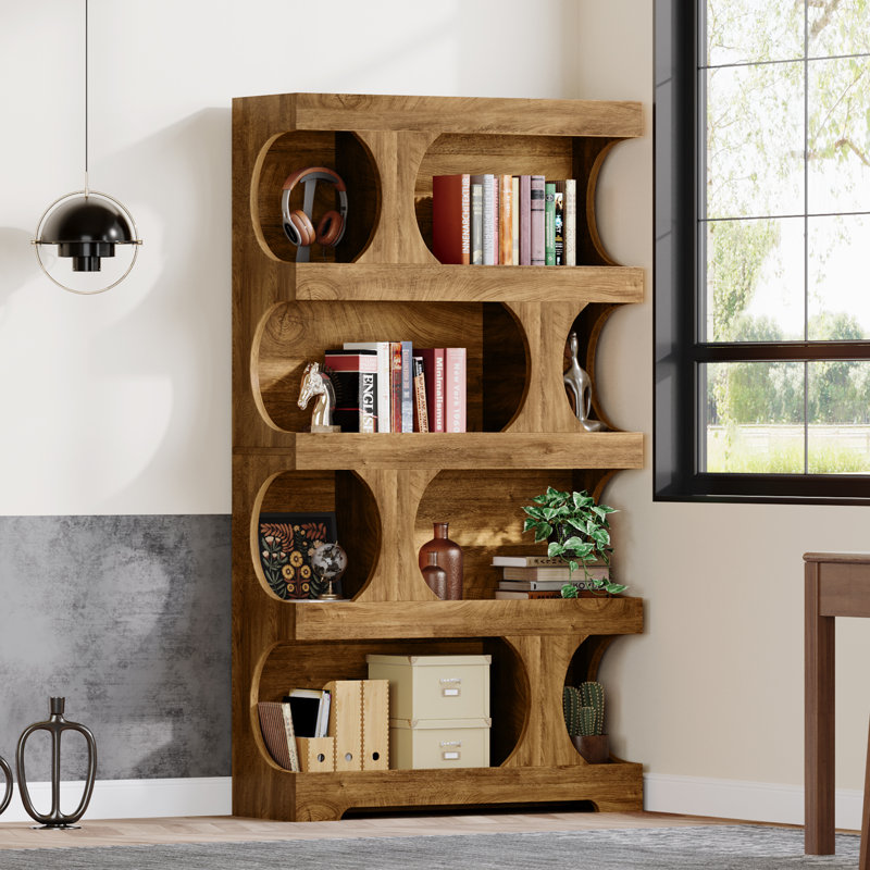 71" Tall Bookcase, 4-Tier S-Shaped Bookshelf, Brown