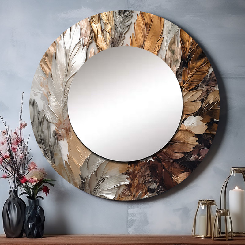 Grand miroir mural Rahmo Gold Feather Extravaganza IV - Glam Feather, miroir décoratif rond doré, impression sur métal