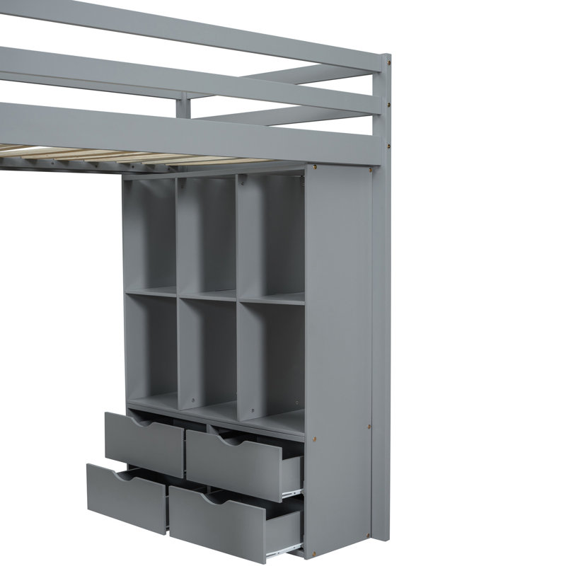 Lit mezzanine gris avec un vaste inventaire de grandes tablettes, bureau fonctionnel, éclairage à DEL - taille élégante et sécuritaire dans une réserve abondante et bureau pratique