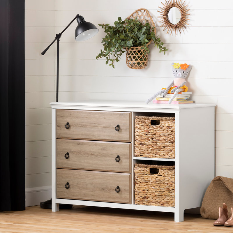 White and Rustic Oak 3-Drawer Dresser with Wicker Baskets