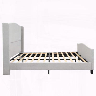 King Size Upholstered Platform Bed with High Headboard and Solid Wood Feet