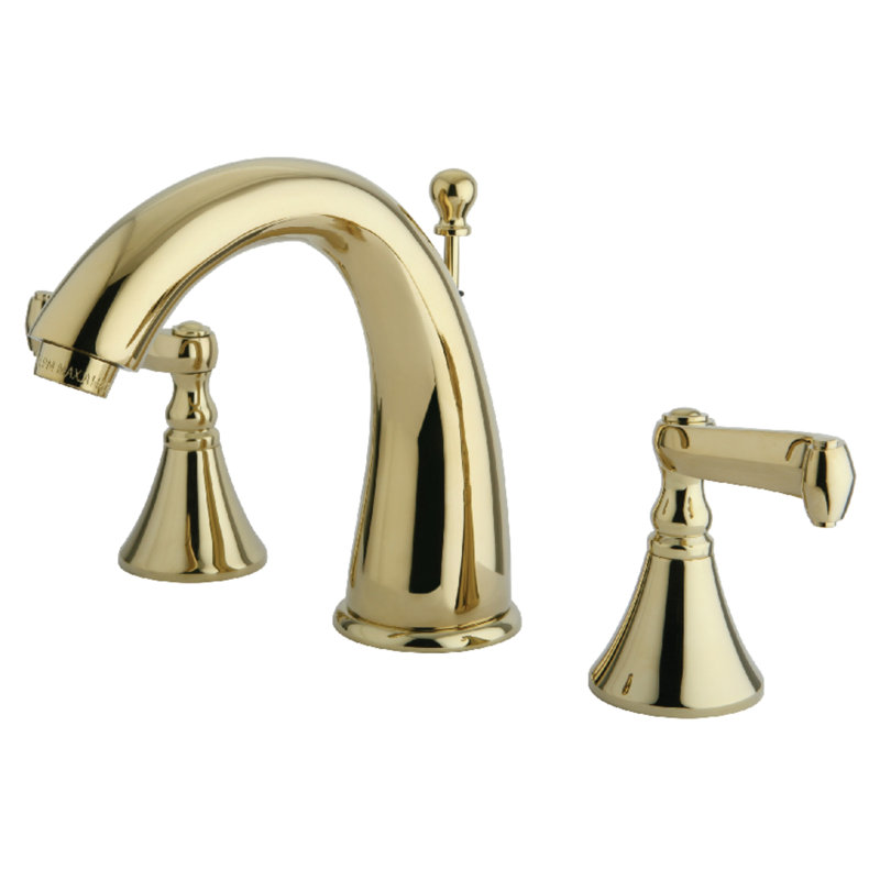 Kingston Brass Royale Two-Handle 3-Hole Deck Mount Widespread Bathroom Faucet with Brass Pop-Up Drain, Polished Brass