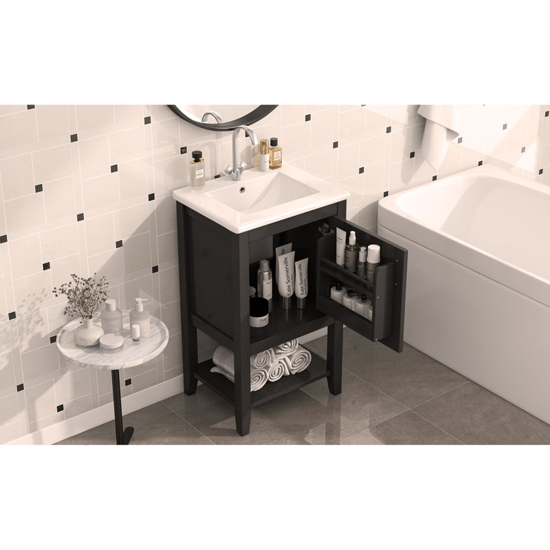 Meuble-lavabo de 20 po avec lavabo, armoire de salle de bain avec porte à fermeture douce, support de rangement et tablette ouverte, noir