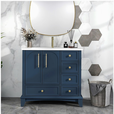 Ensemble de meuble-lavabo moderne 35,6 po avec surface peinte, meuble-lavabo autoportant Mid-Century avec rangement, meuble-lavabo haut de gamme avec tiroirs et poignées en métal
