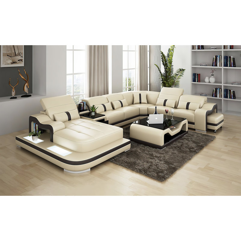 Lloydene Upholstered U-Shaped Sectional, Beige Genuine Leather, Left