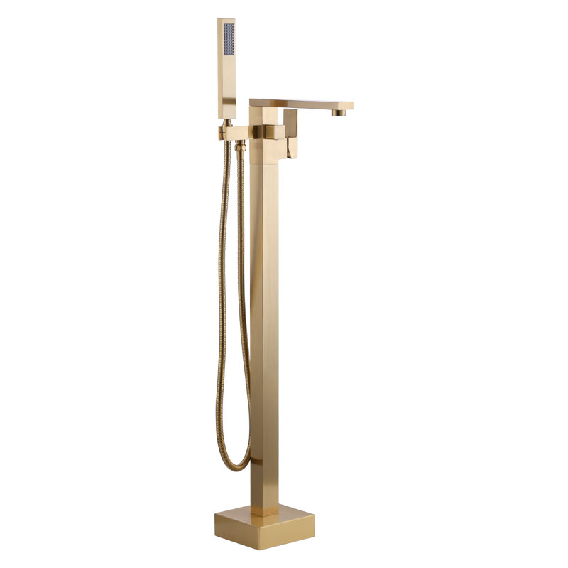WOWOW Brass Freestanding Floor‑Mount Bathtub Faucet with Hand Shower, Brushed Gold