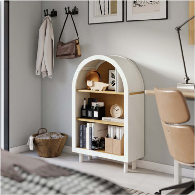 Petite bibliothèque arquée, armoire de rangement arquée, bibliothèque supérieure arquée en bois moderne avec 3 tablettes, avec tablettes en grain de bois, étagère de rangement à 3 niveaux pour le salon, la chambre à coucher, le vestibule