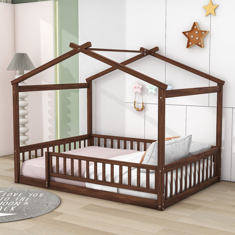 Hayti Wooden Platform Bed with Fence and Slats, Full, Walnut