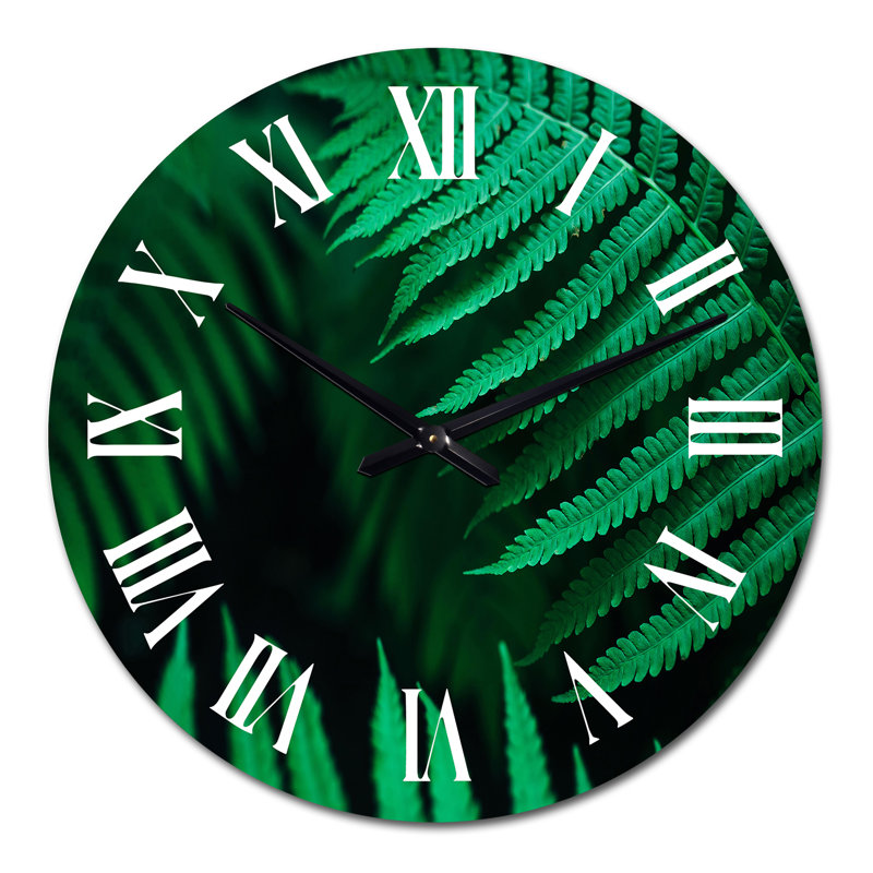 Horloge murale - Feuille de fougère vert foncé sur fond noir III, Grand