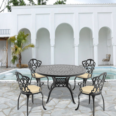 5 meubles de patio en aluminium avec coussins - table ronde noire, confortable, résistant aux températures élevées, à l'usure et au bruit, 4 sièges, patins, coussins d'usure, sièges