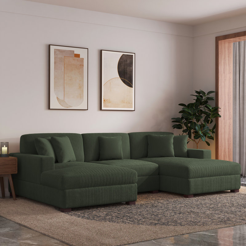 Canapé modulaire 3 pièces en velours côtelé avec dossier amovible, Velours côtelé vert