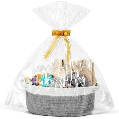 Petit panier tressé avec des sacs et des rubans cadeaux, boîte-coffre décorative vide, joli panier-cadeau pour chambre de bébé, panier de rangement en corde de coton avec poignées, 12 po x 8 po x 5 po
