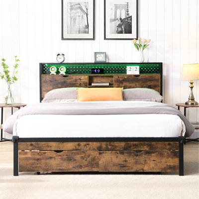 Lit double avec plateforme en métal et tête de lit en bois / en charge, 2 tiroirs de rangement, lumières à DEL, sans sommier, procédure d'assemblage facile. : Lit, plateforme, tête de lit, tête de lit