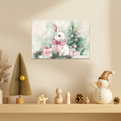 Lapin de Noël, art mural sur toile - Scène de vacances d'hiver avec lapin, arc rose, arbre, cadeaux pastel, peinture sur toile pour décor de Noël de la cuisine de la ferme, prêt à être accroché, 12 po x 16 po