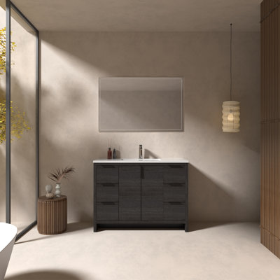 48" Single Bathroom Vanity Free-standing vanities with Gloss white Resin Top,6 Drawers,2 doors Modern