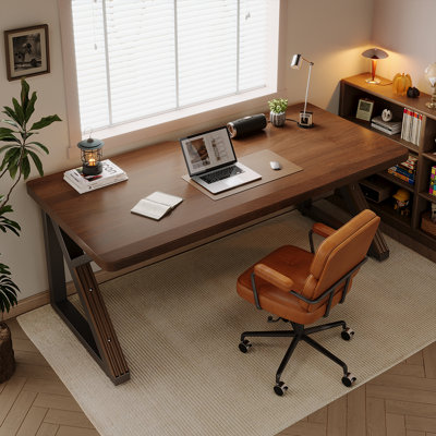 Walnut Solid Wood Thickened Extra Long 55.1in Desk, Heavy Carbon Steel K Frame Leg Home Office Computer Writing Table