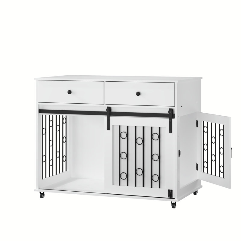 Accent Cabinet With Double Drawers And Sliding Barn Door, Storage Cabinet With Lockable Wheels