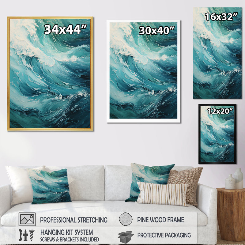 «Ocean Teal Wave Expression - Coastal Waves», reproduction sur toile encadrée, H 44 po x l 34 po x P 1,5 po
