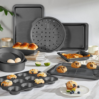 Bakeware Sets, Baking Pans Set, Nonstick Oven Pan for Kitchen with Wider Grips, 10 Pieces Including Rack, Cookie Sheet, Cake Pans, Loaf Pan, Muffin Pan, Pizza Pan