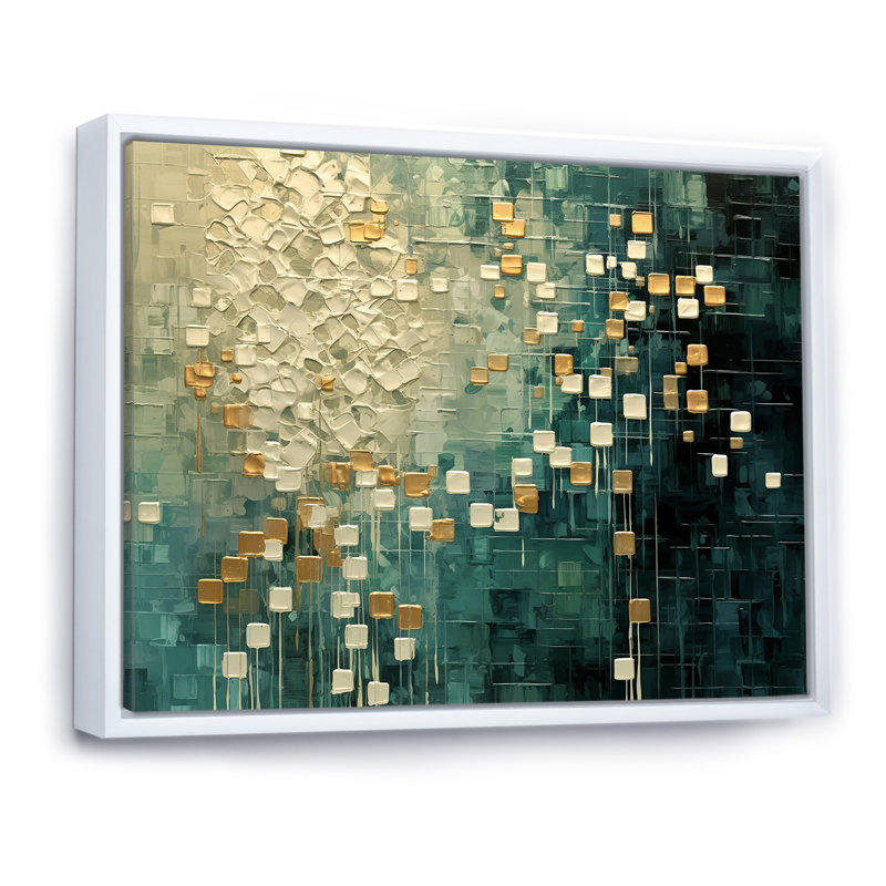 Abstrait rétro renaissance en bleu doré I - Peinture abstraite, art mural pour le salon, 30" H x 40" W, Silver Picture Framed