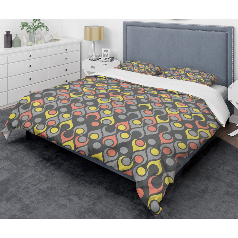 Retro Art Deco - Mid century bedding set - Modern Mid-century Bed cover set, King Duvet Cover + 2 Shams, Gray/Orange/Yellow