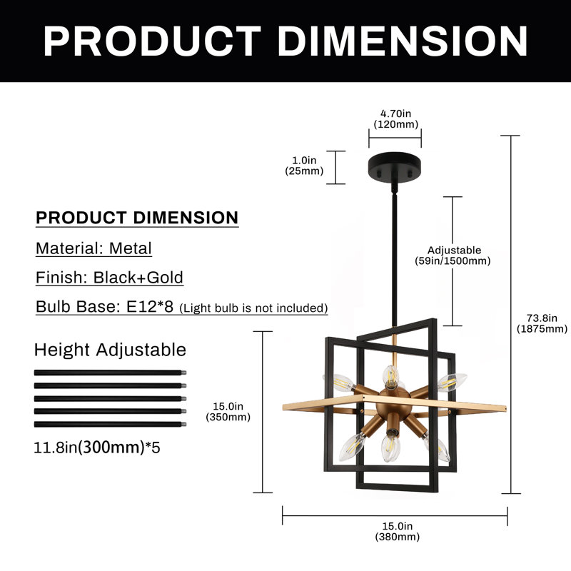 Modern Minimalist 8-Light Chandelier With Black And Gold Finish
