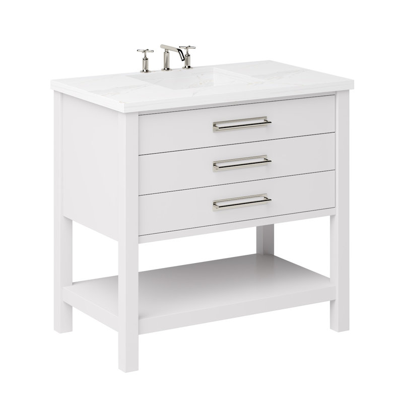 Kiawah Three-Drawer Single Bath Vanity, Strong White, Satin Nickel, 36"