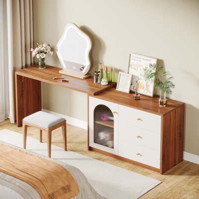 Jennea Makeup Vanity Table, Corner Large Vanity Dressing Table With Reversible Drawers Cabinet