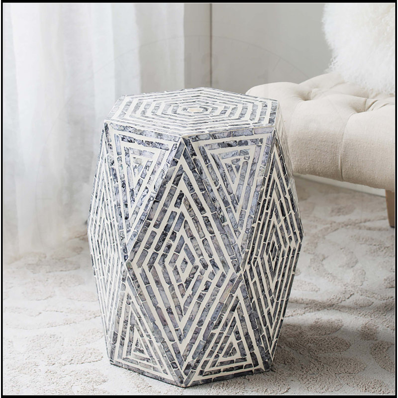 Exquisite Hexagon Garden Stool with Capiz Inlay and Diamond Design, a Stylish and Functional Accent Piece