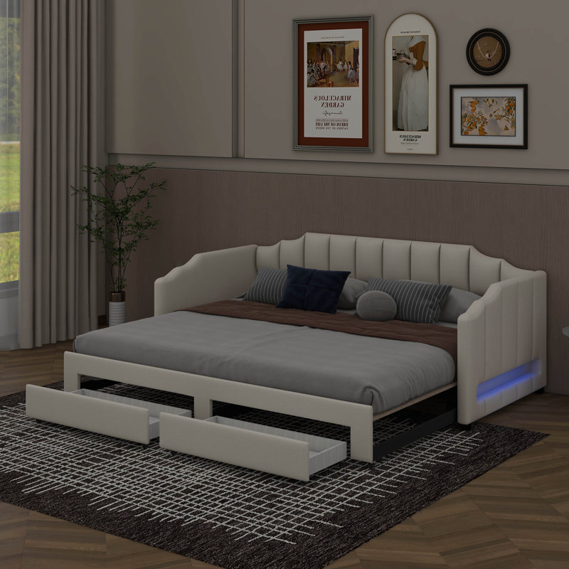 Twin XL To King Extendable Upholstered Daybed With 2 Storage Drawers And LED Light, Beige
