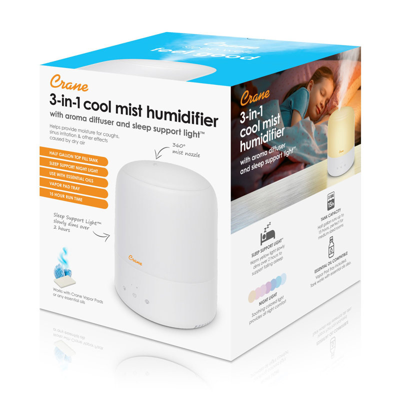3-in-1 Compact Humidifier - 0.5 Gallon with Sleep Support Light & Aroma Diffuser