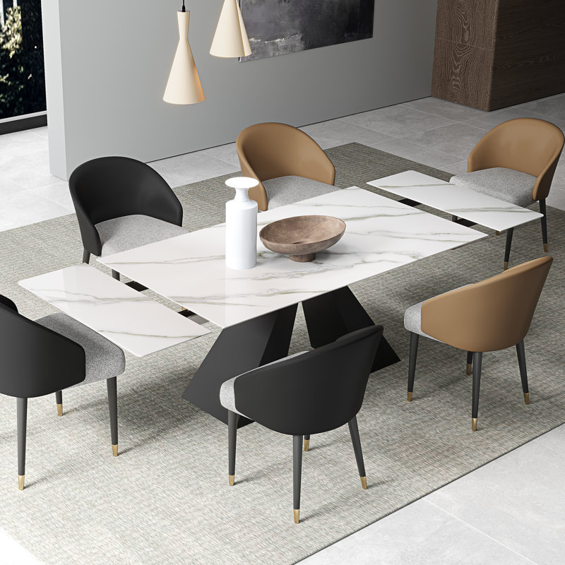 63'' to 94.5” Extendable Dining Table For 8-10 with Sintered Stone Tabletop and Metal Base, Snowy Mountain White 