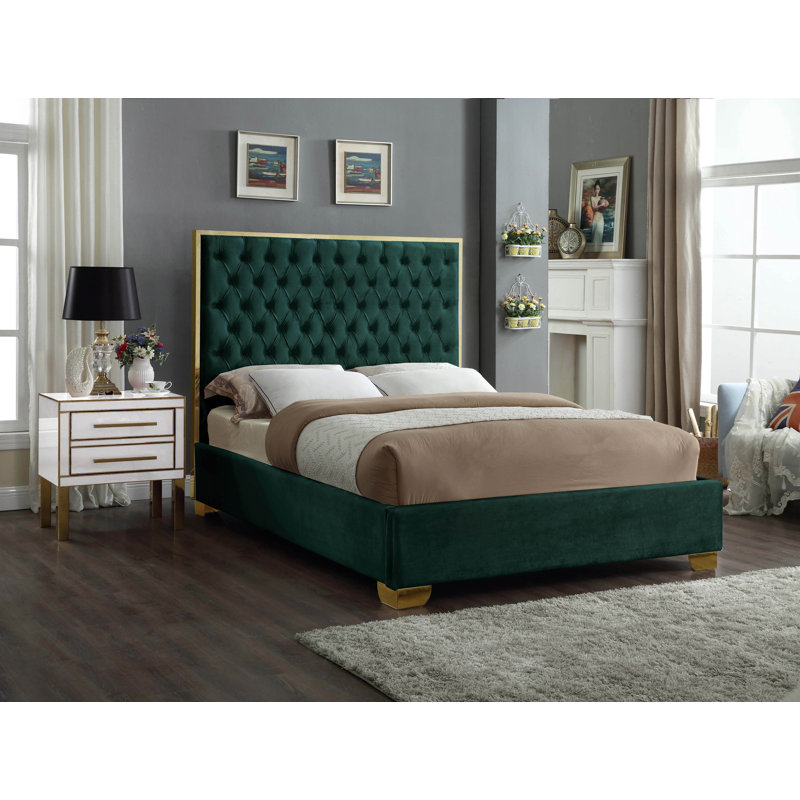 Lit plateforme tapissier capitonné Spadaro, Grand, Velours vert, Or