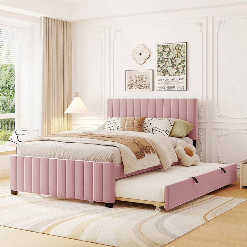 Lit plateforme double en velours avec lit gigogne, Rose