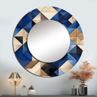 Rosamonde beige et bleu carreaux symétriques - miroir géométrique, miroir mural rond bleu décoratif, impression d'art en métal
