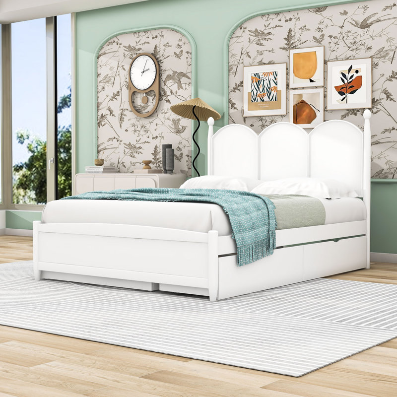 Grand lit plateforme en bois avec lit gigogne coulissant et 2 tiroirs de rangement Lemieux, Blanc