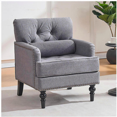 Tufted Club Chair with pillow, Accent Chair, Upholstered Button Armchair, Linen Fabric Corduroy Sofa Chairs for Bedroom, Living Room, Mid Century Mode
