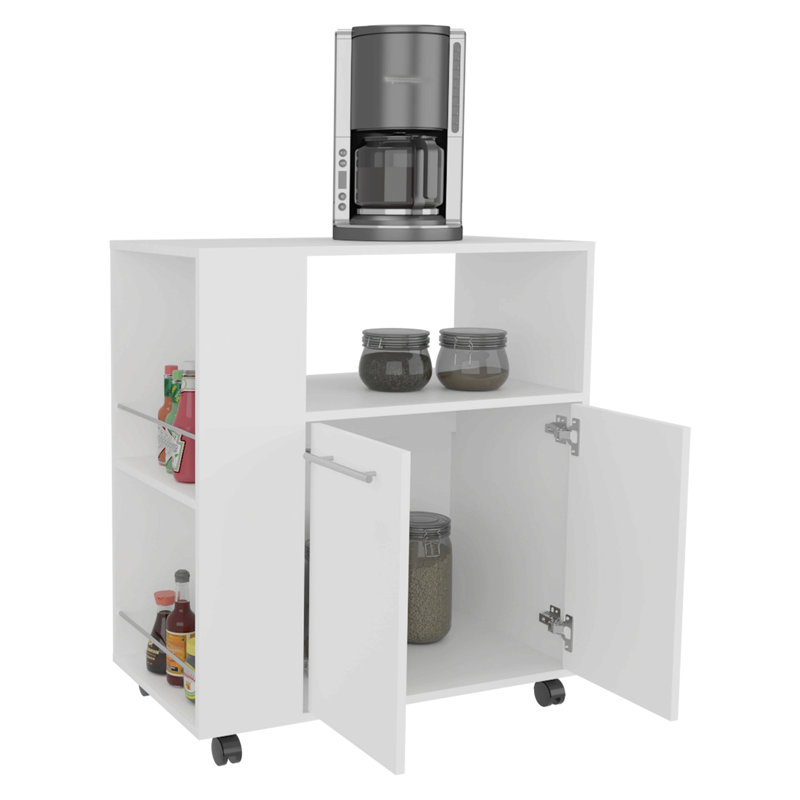FM FURNITURE Linden Kitchen Cart with Microwave Shelf. Open Storage. and Two-Door Cabinet, White