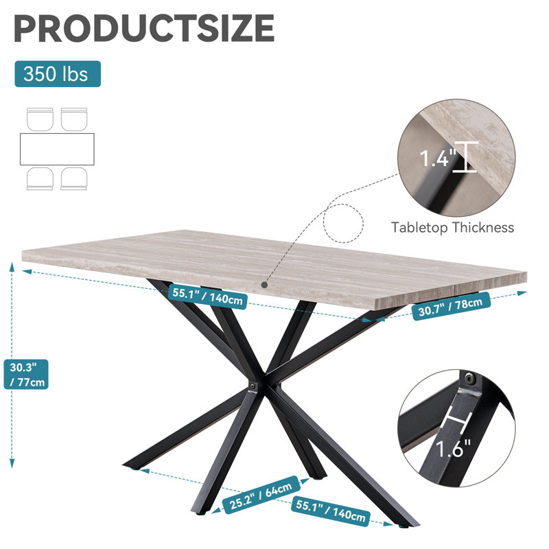 55.1" Rectangle Dining Table For 2 4, Small Mid Century Modern Kitchen Table With Metal Cross Legs For Apartment, Dining Room